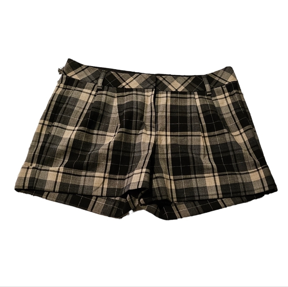 Express Design Studio Editor Plaid Shorts Black Tan with Metallic Stripes Size 8